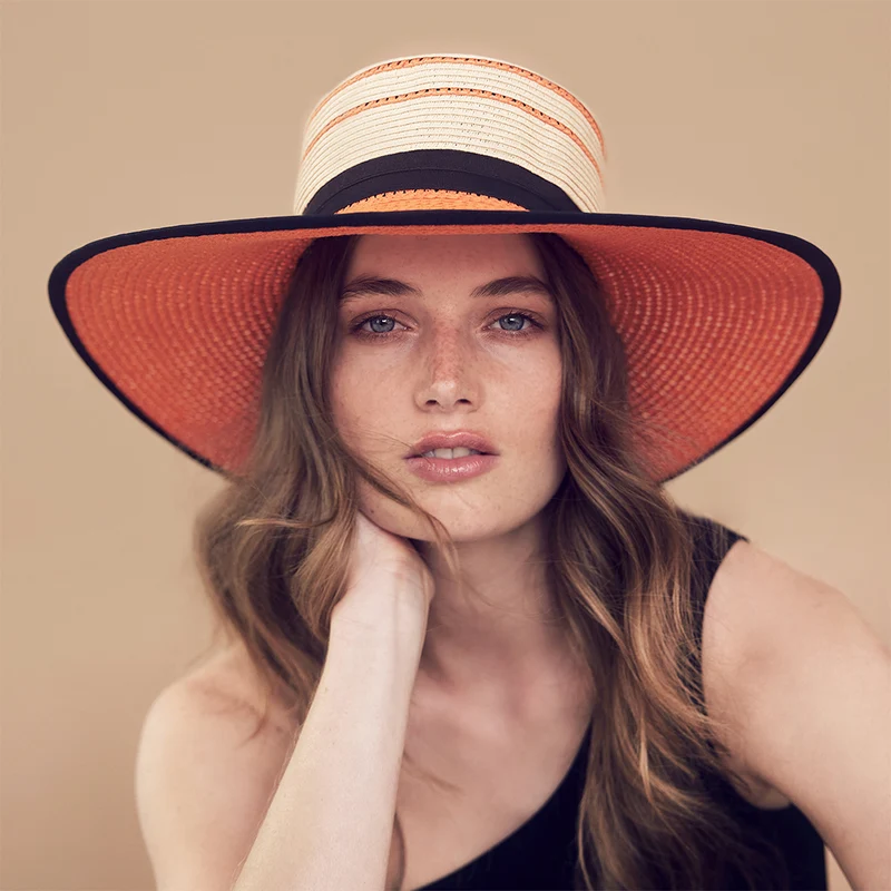 Chapeau Canotier en Paille Toyo naturel-orange SEEBERGER