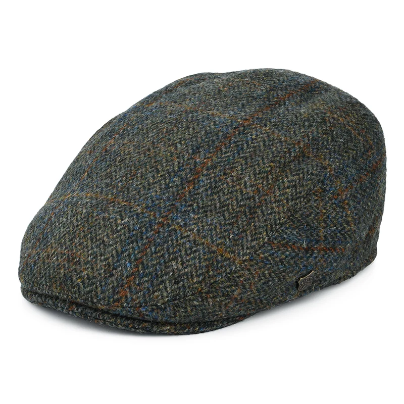 Casquette Plate en HARRIS TWEED à carreaux et Chevrons Stornoway olive-bleu-rouille FAILSWORTH