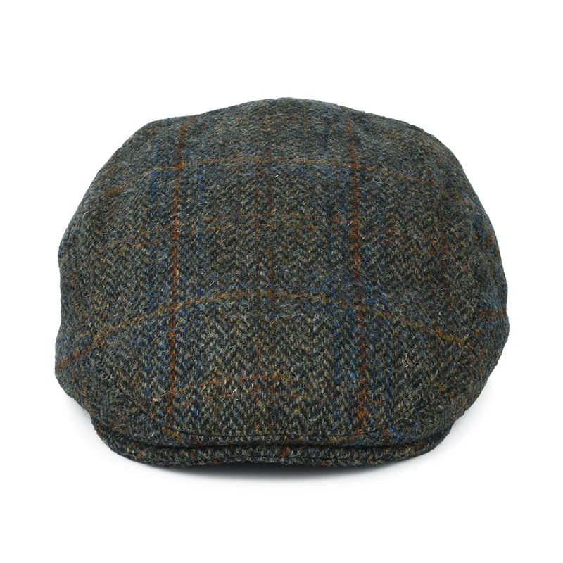 Casquette Plate en HARRIS TWEED à carreaux et Chevrons Stornoway olive-bleu-rouille FAILSWORTH