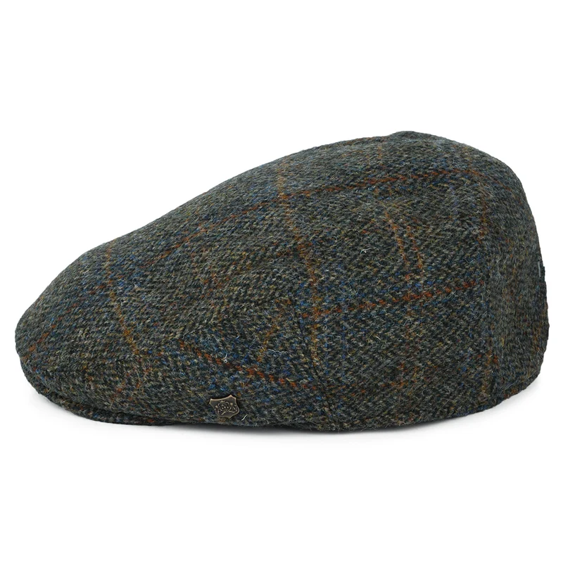 Casquette Plate en HARRIS TWEED à carreaux et Chevrons Stornoway olive-bleu-rouille FAILSWORTH