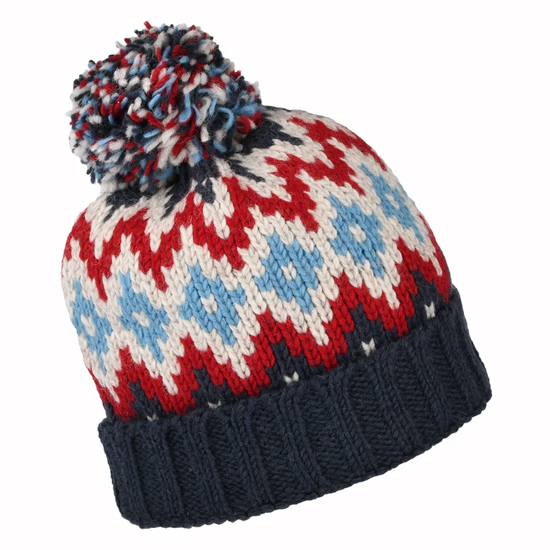 Bonnet à Pompon et à Revers Losanges bleu marine-rouge-crème KUSAN
