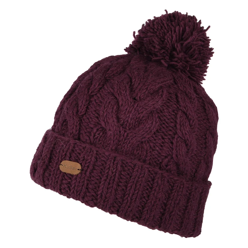 Bonnet à Pompon à Torsades à Revers groseille KUSAN