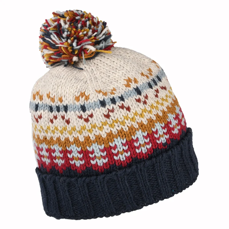 Bonnet à Pompon Fair Isle Mosaic bleu marine-rouge-crème KUSAN