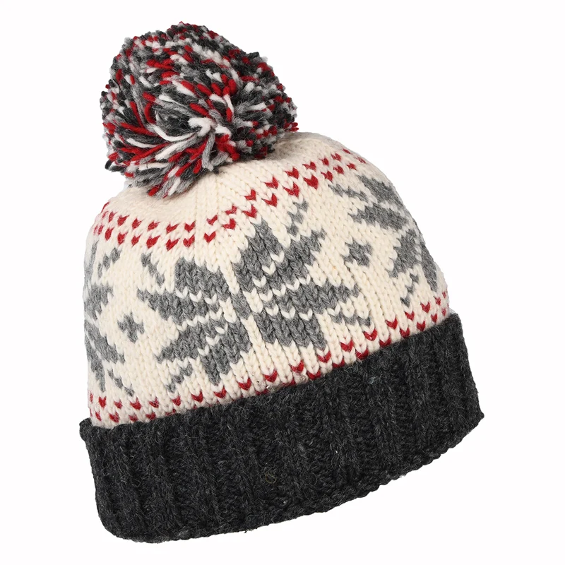 Bonnet à Pompon et Revers Snowflake blanc-gris KUSAN
