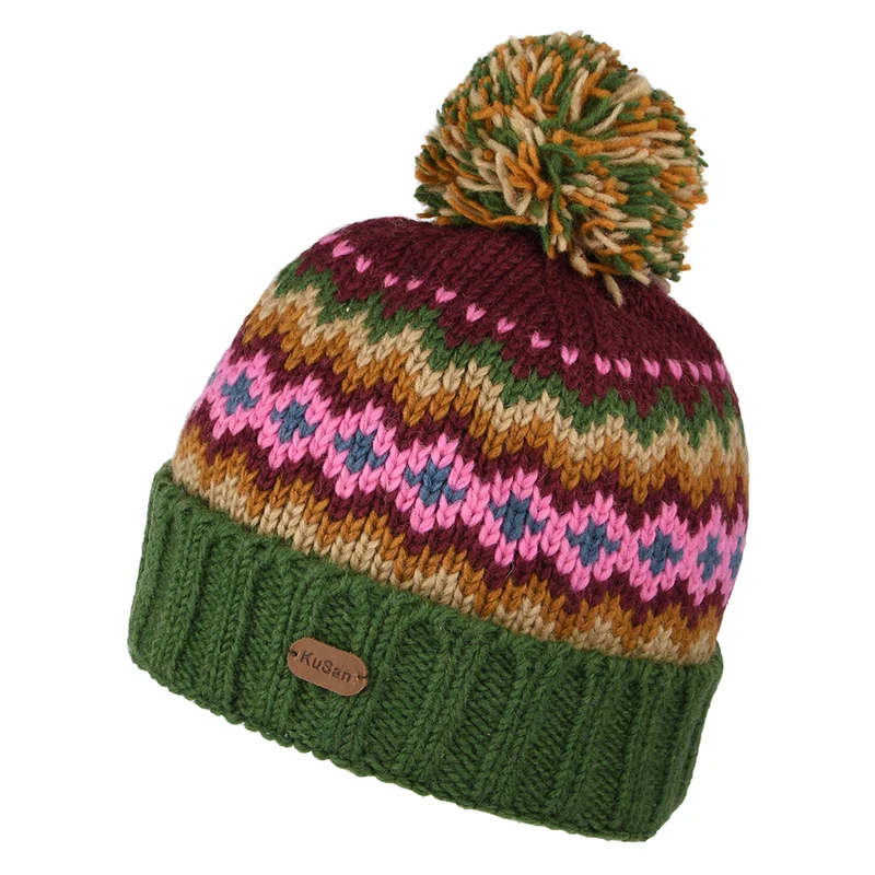 Bonnet à Pompon et à Revers Fair Isle vert-violet-moutarde KUSAN
