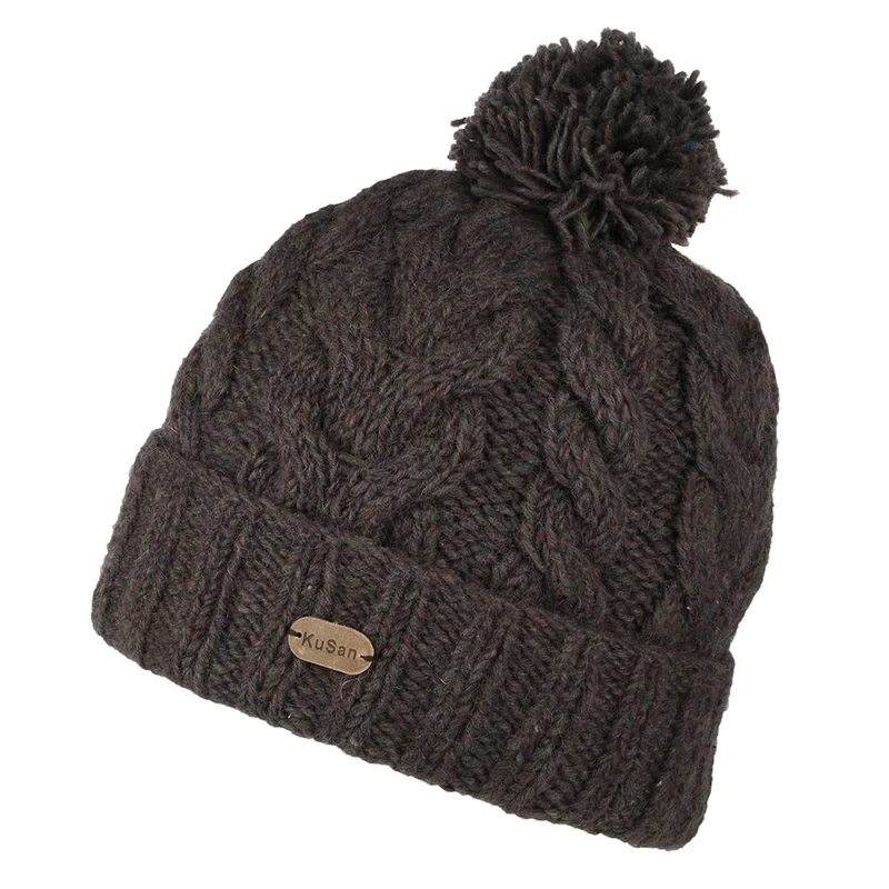 Bonnet à Pompon Recyclé à Revers et à Torsades prune-gris KUSAN