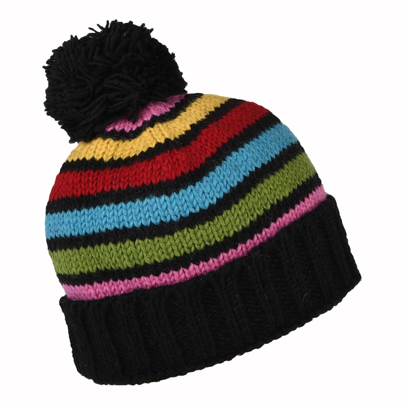 Bonnet à Pompon à Revers et à Rayures gris-rose-bleu KUSAN