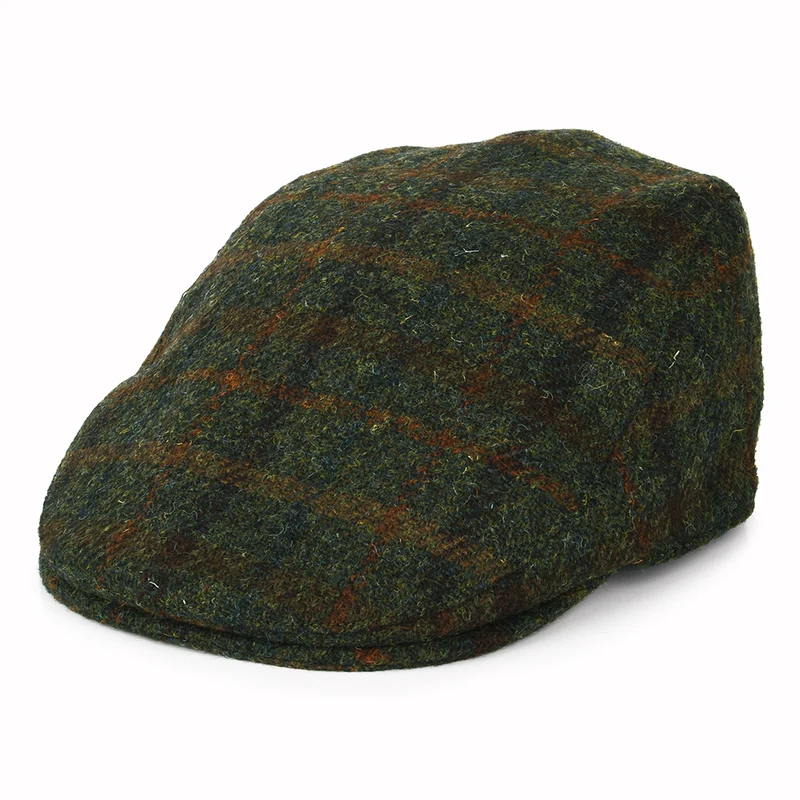 Casquette Plate en HARRIS TWEED Avec Protège-Oreilles à Carreaux Oban olive-rouille FAILSWORTH
