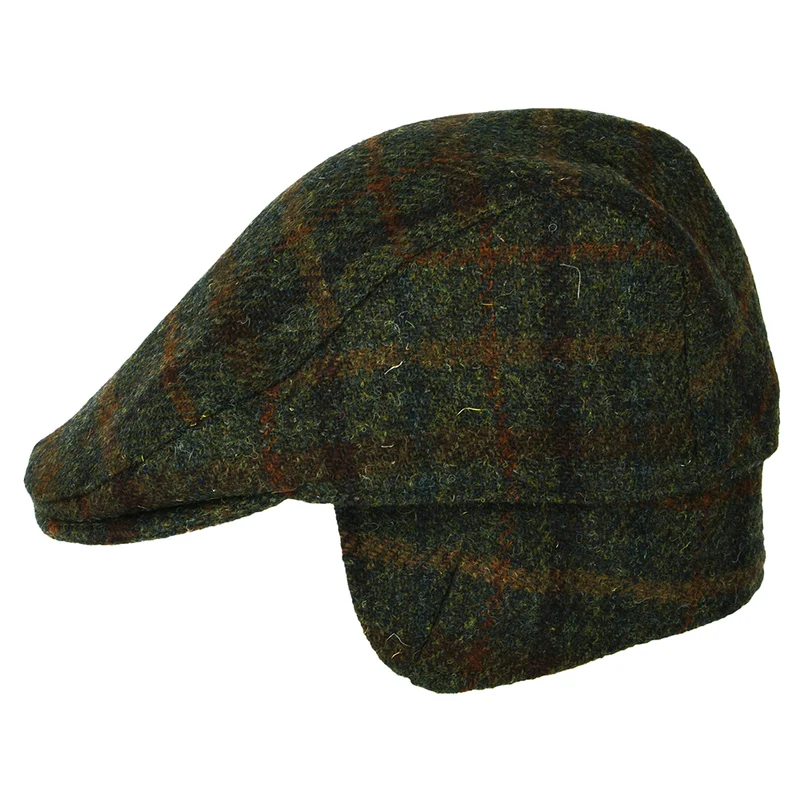 Casquette Plate en HARRIS TWEED Avec Protège-Oreilles à Carreaux Oban olive-rouille FAILSWORTH