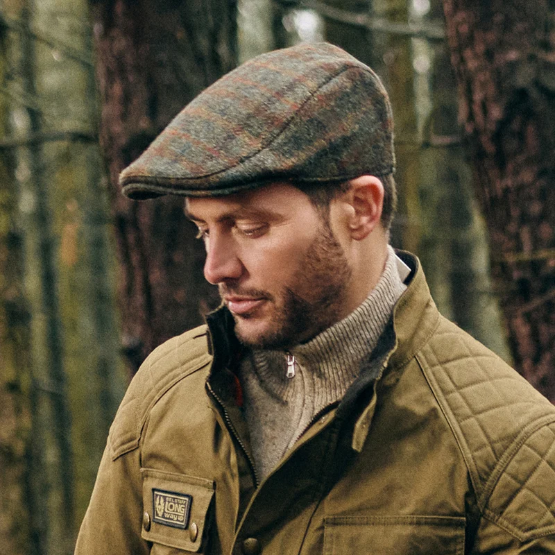 Casquette Plate en HARRIS TWEED Avec Protège-Oreilles à Carreaux Oban olive-rouille FAILSWORTH