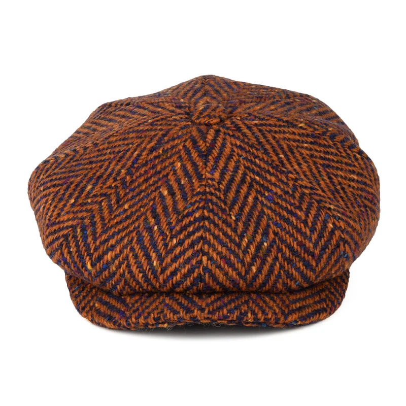 Casquette Gavroche en Tweed du Donegal à Chevrons Calotte Profonde rouille-bleu CITY SPORT
