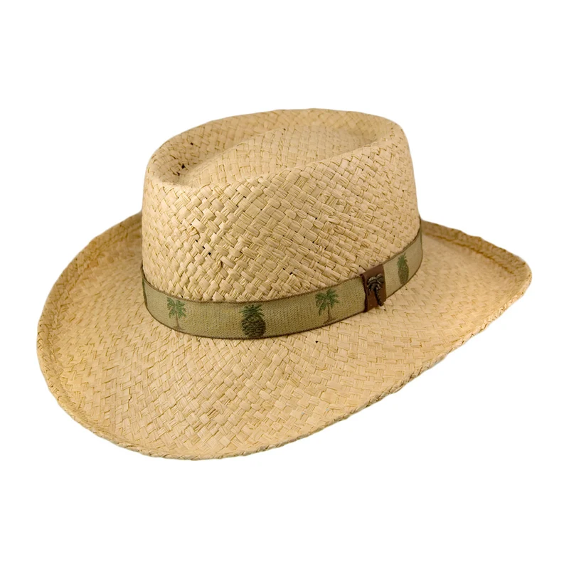 Chapeau Gambler en Raphia avec Bandeau à Motifs Palmiers et Ananas naturel SCALA