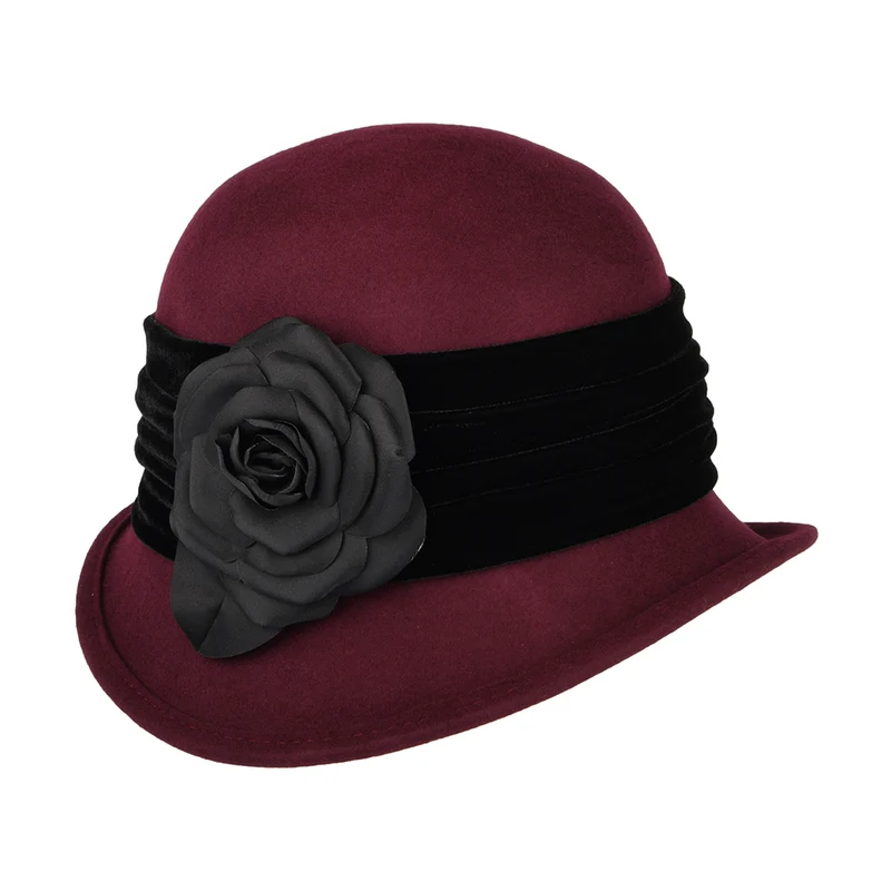 Chapeau Cloche en Laine Feutrée avec Fleur bordeaux SCALA