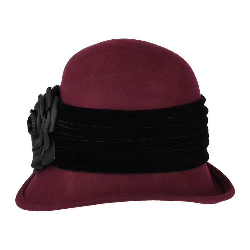 Chapeau Cloche en Laine Feutrée avec Fleur bordeaux SCALA