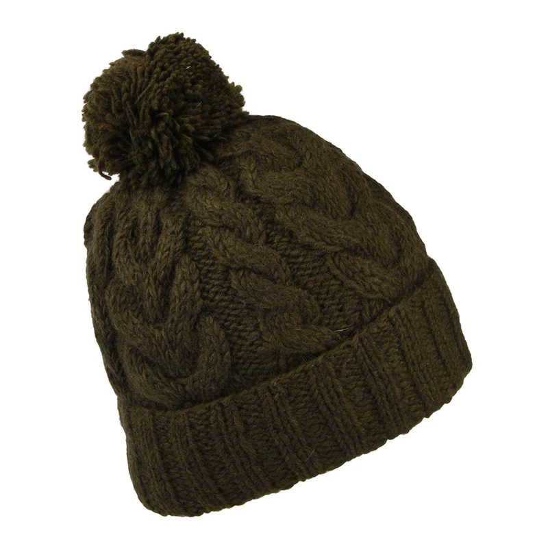 Bonnet à Pompon à Torsades à Revers olive KUSAN
