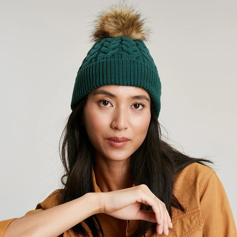 Bonnet à Pompon en Fausse Fourrure et Torsades Elena bleu sarcelle JOULES