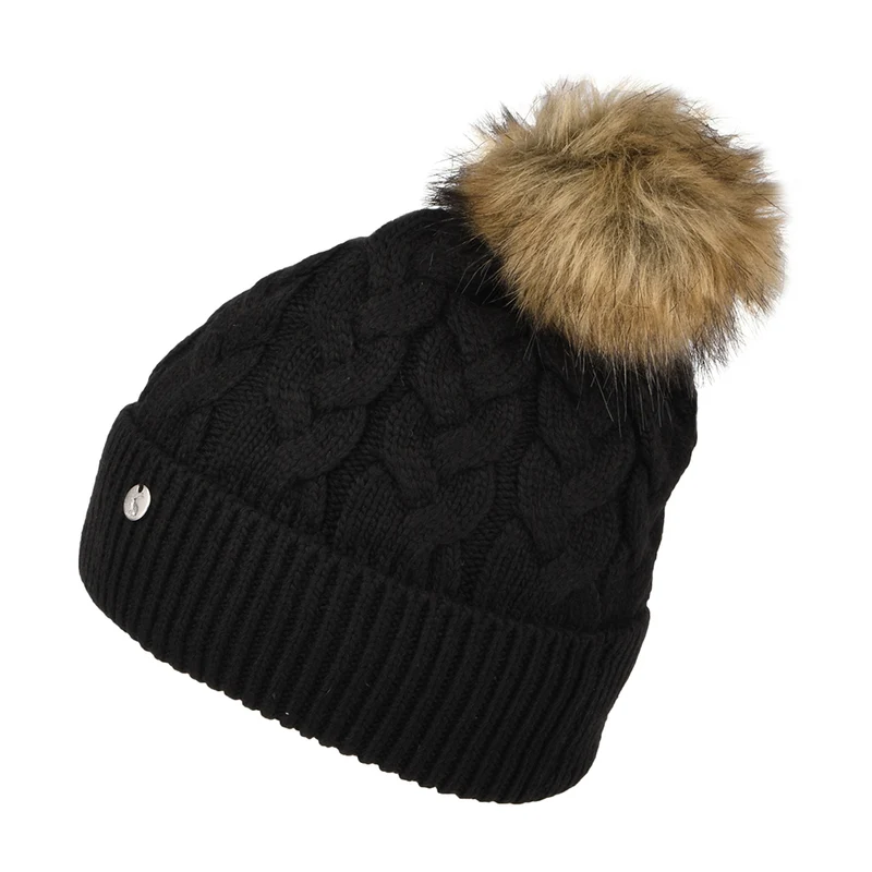 Bonnet à Pompon en Fausse Fourrure et Torsades Elena noir JOULES