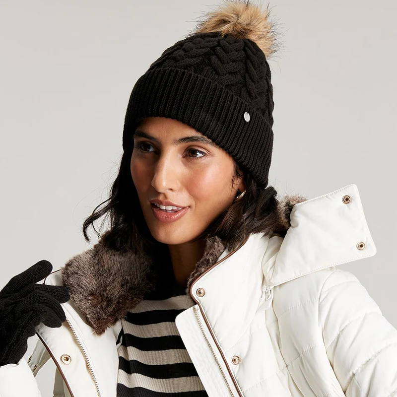 Bonnet à Pompon en Fausse Fourrure et Torsades Elena noir JOULES