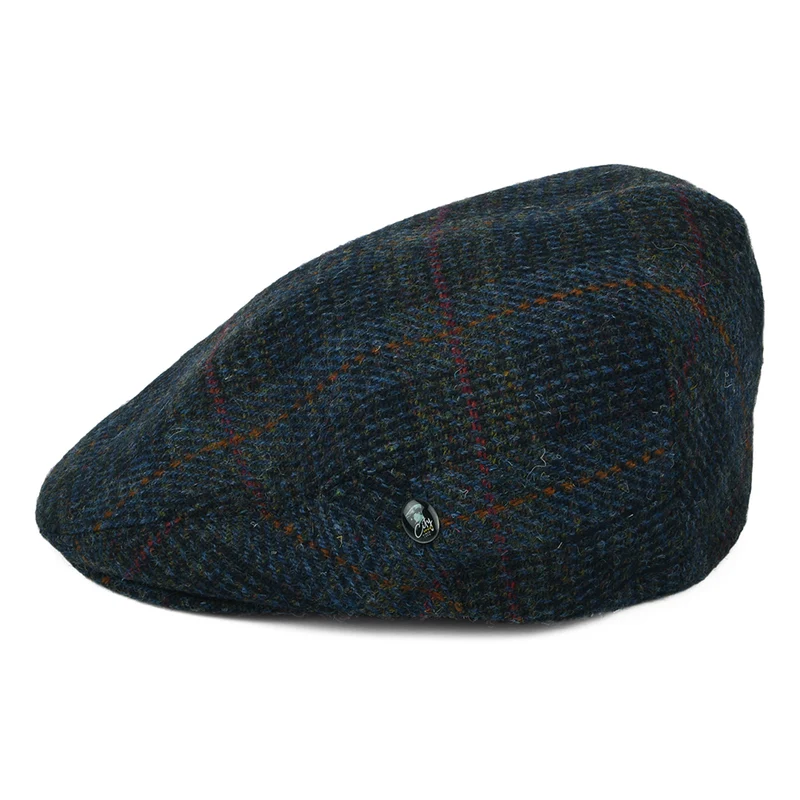 Casquette Plate en HARRIS TWEED à Carreaux bleu-bleu marine CITY SPORT