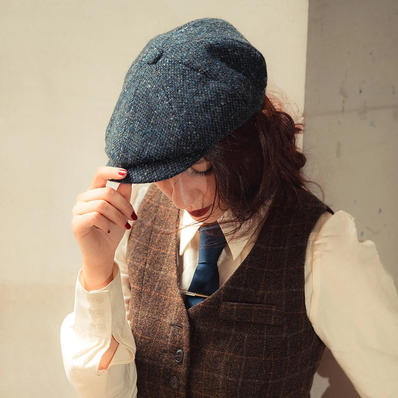 Casquette Gavroche en Tweed du Donegal Chiné Glenborin bleu-noir JAXON & JAMES