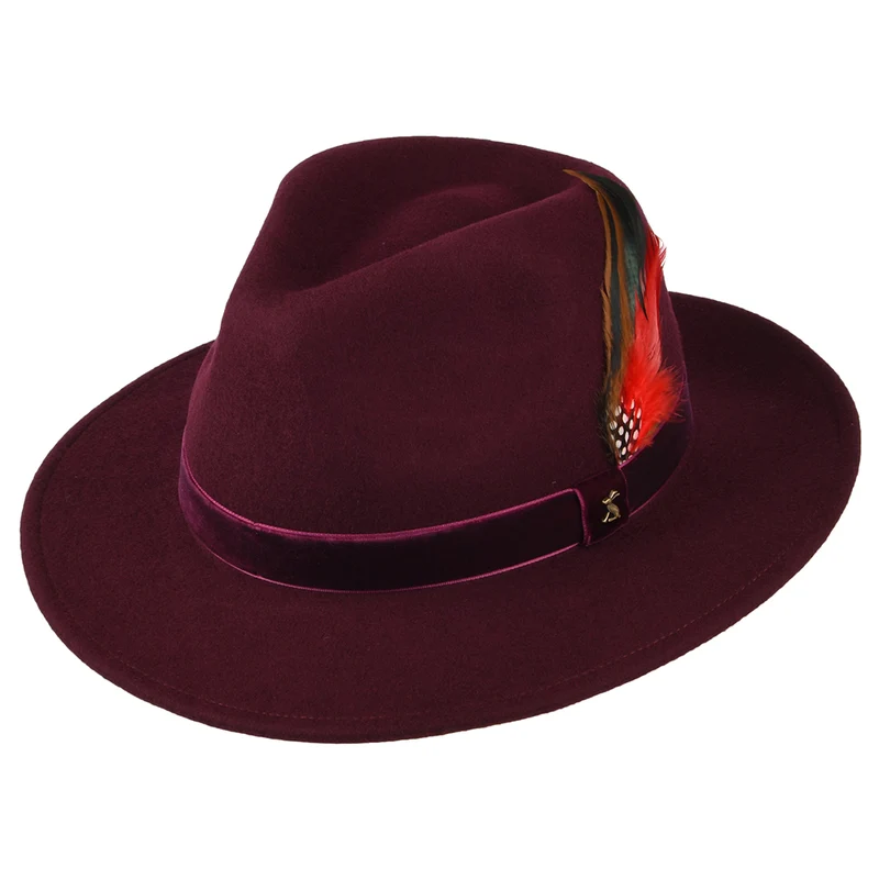 Chapeau Fedora en Laine Feutrée avec Bandeau en Velours rouge foncé JOULES