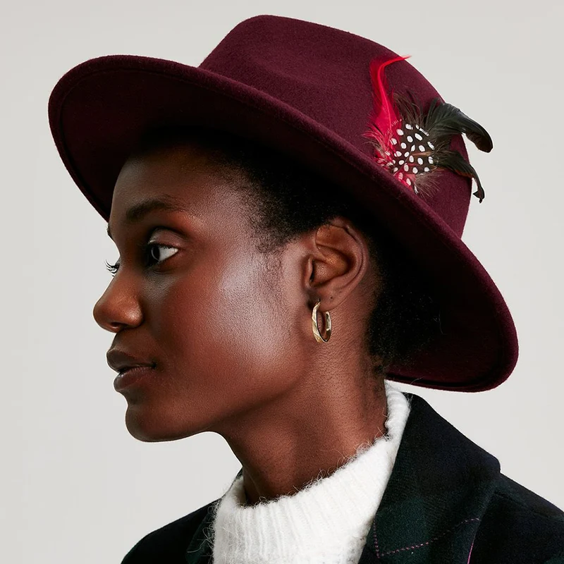 Chapeau Fedora en Laine Feutrée avec Bandeau en Velours rouge foncé JOULES