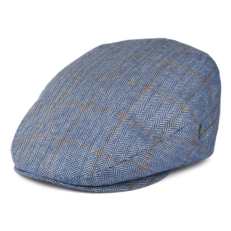 Casquette Plate en Pure Soie à Carreaux et Chevrons bleu CITY SPORT