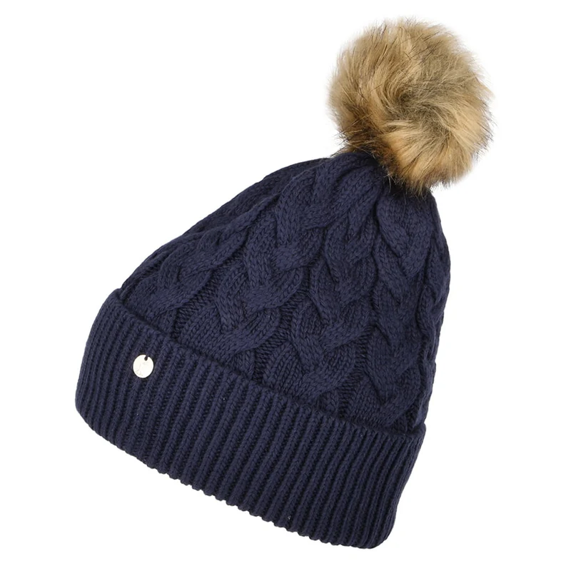 Bonnet à Pompon en Fausse Fourrure et Torsades Elena bleu marine JOULES