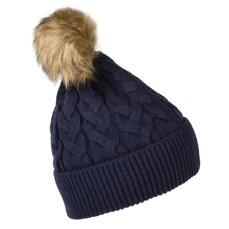 Bonnet à Pompon en Fausse Fourrure et Torsades Elena bleu marine JOULES