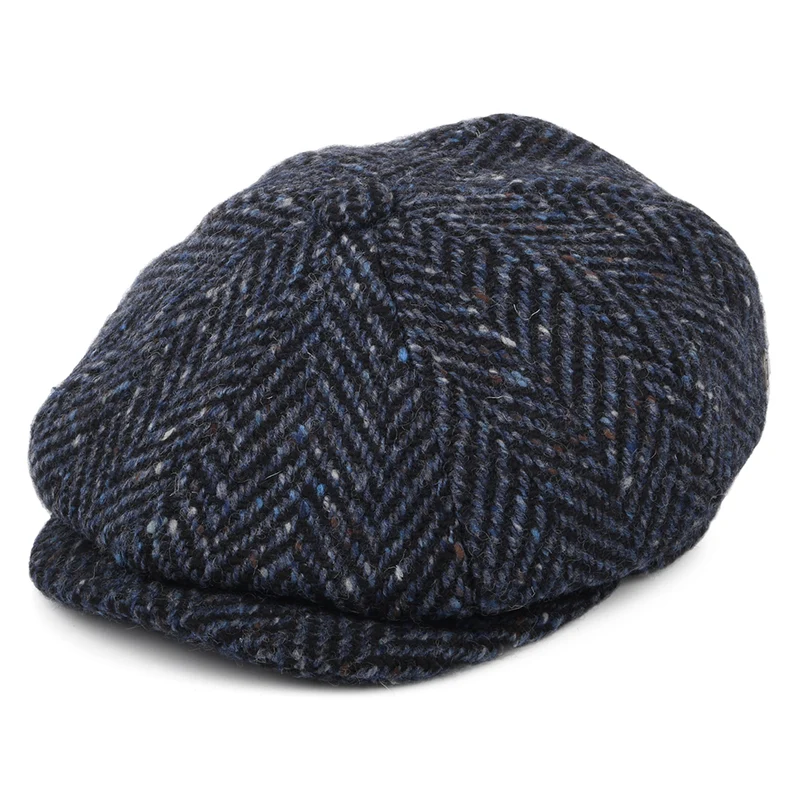 Casquette Gavroche en Tweed du Donegal Épais à Chevrons Pettigo bleu marine-noir JAXON & JAMES