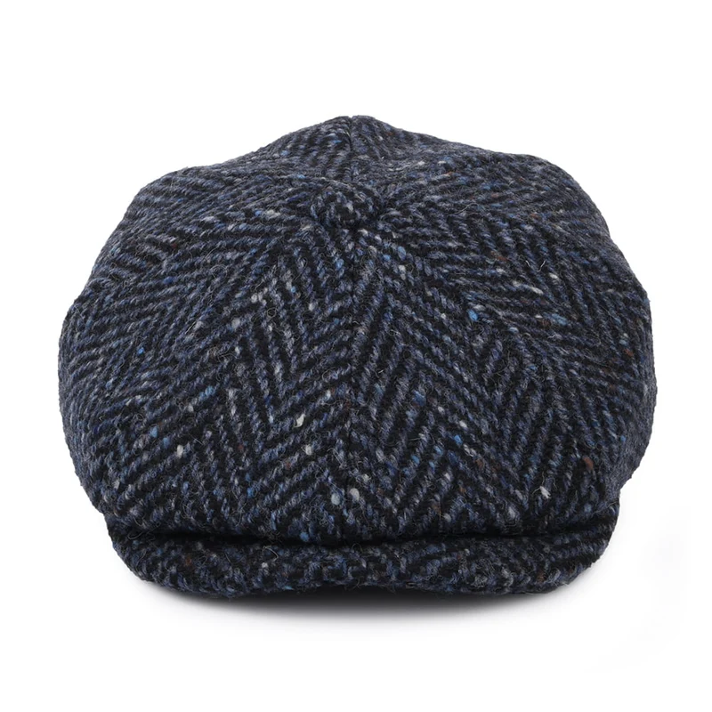 Casquette Gavroche en Tweed du Donegal Épais à Chevrons Pettigo bleu marine-noir JAXON & JAMES