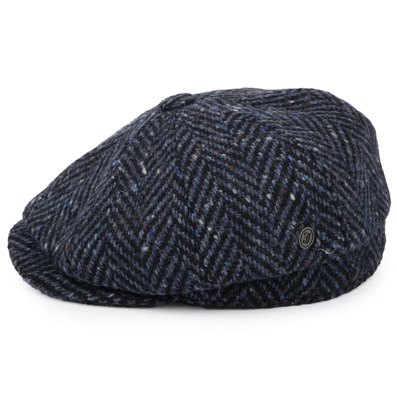 Casquette Gavroche en Tweed du Donegal Épais à Chevrons Pettigo bleu marine-noir JAXON & JAMES
