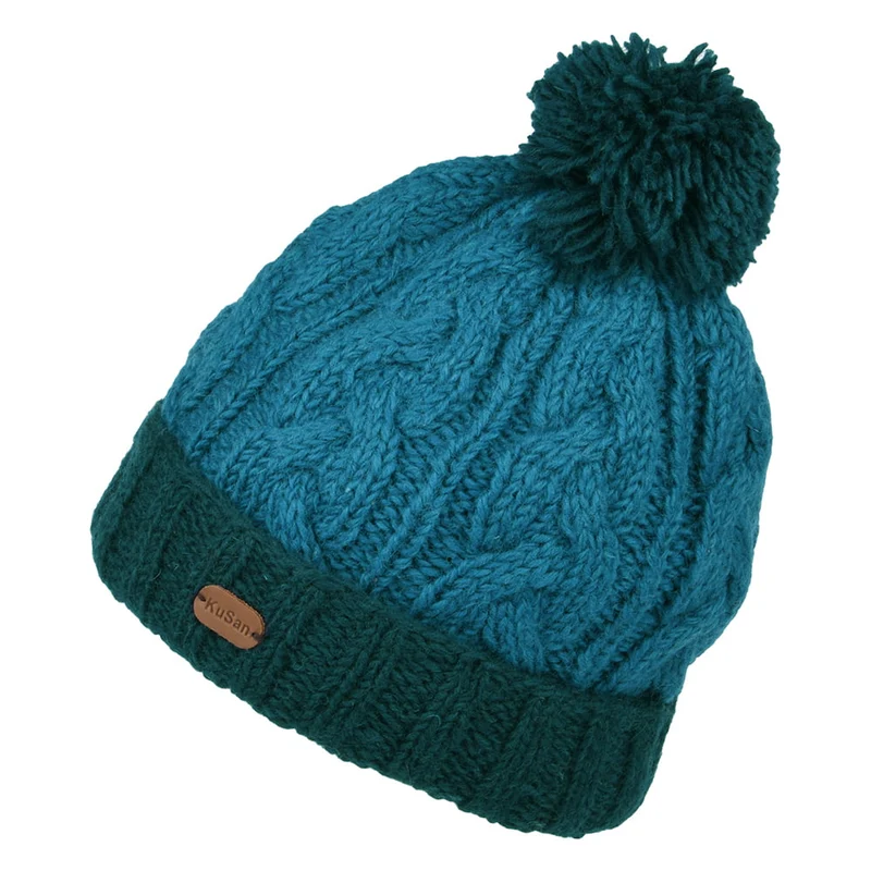 Bonnet à Pompon et Torsades Bicolore Turn Up bleu KUSAN