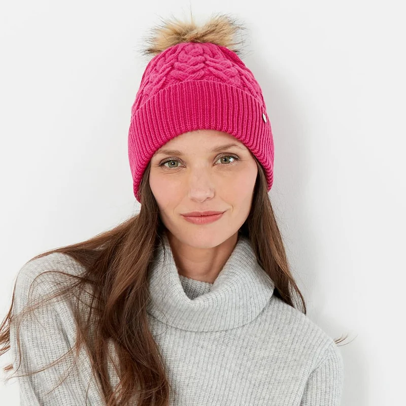Bonnet à Pompon en Fausse Fourrure et Torsades Elena rose JOULES