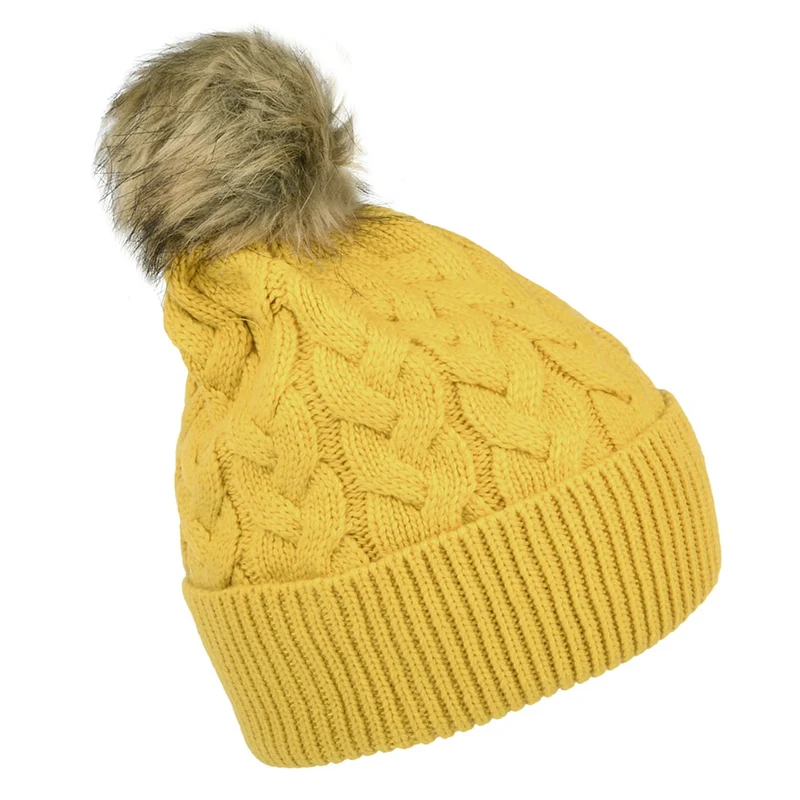 Bonnet à Pompon en Fausse Fourrure et Torsades Elena moutarde JOULES