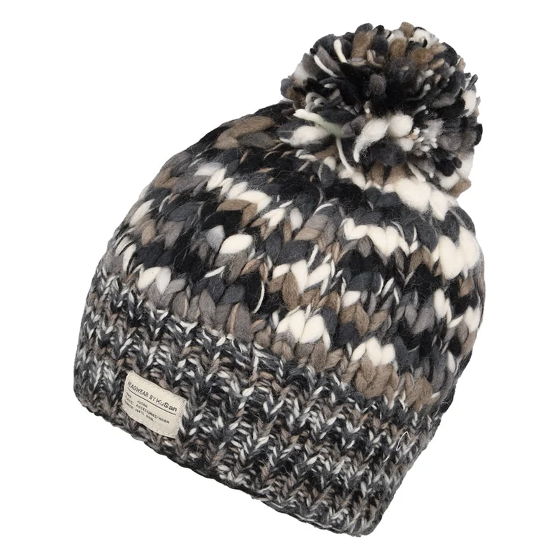 Bonnet à Pompon en Laine Irrégulière noir-blanc KUSAN