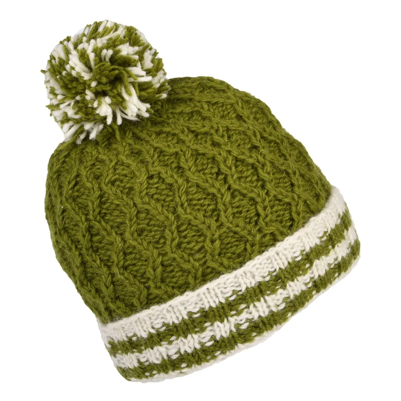 Bonnet à Pompon Maille Losange et Revers à Rayures olive KUSAN