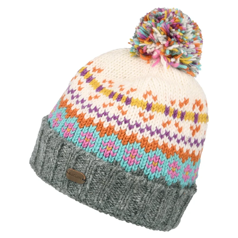 Bonnet à Pompon Fair Isle Mosaic crème-gris KUSAN