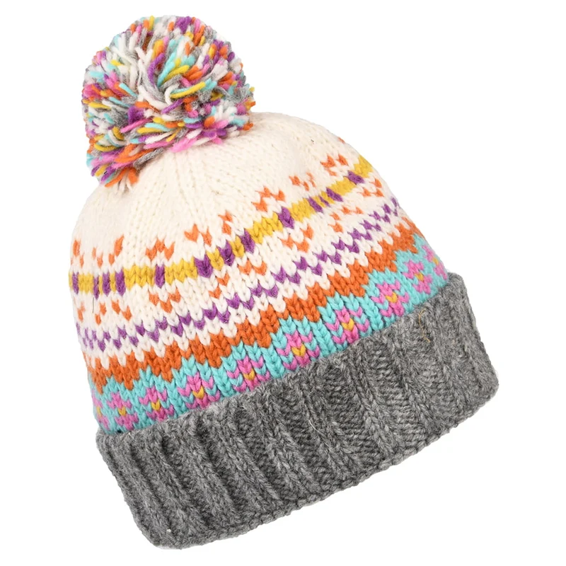 Bonnet à Pompon Fair Isle Mosaic crème-gris KUSAN