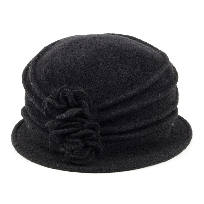 Chapeau Cloche en Laine avec Fleur Grace noir SCALA