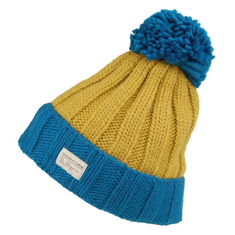 Bonnet à Pompon Côtelé Turn Up bleu-jaune KUSAN
