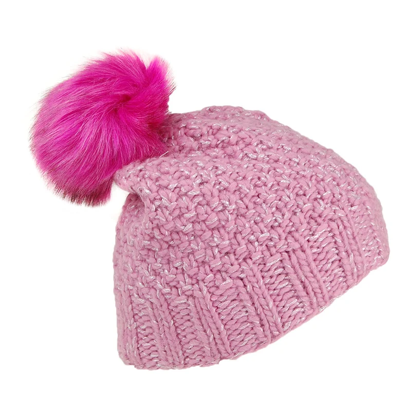 Bonnet à Pompon en Laine Point de Riz rose KUSAN