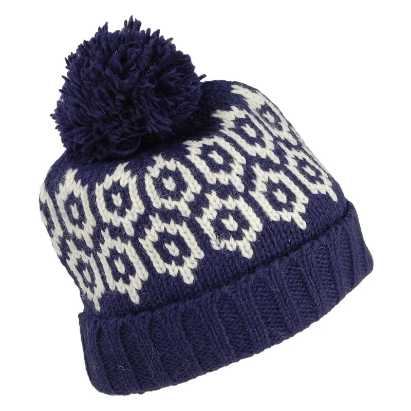 Bonnet à Pompon à Motifs Turn Up bleu marine KUSAN