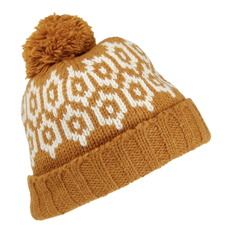 Bonnet à Pompon à Motifs Turn Up jaune KUSAN