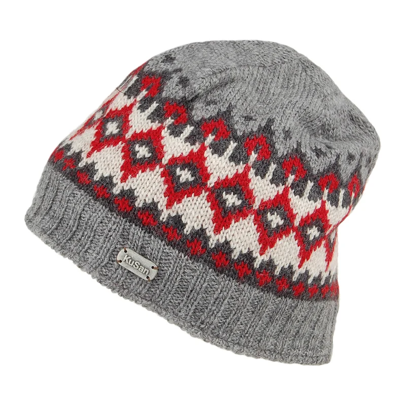 Bonnet Jauge Fine Fair Isle gris-rouge KUSAN