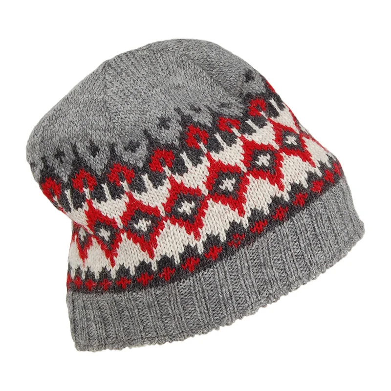 Bonnet Jauge Fine Fair Isle gris-rouge KUSAN