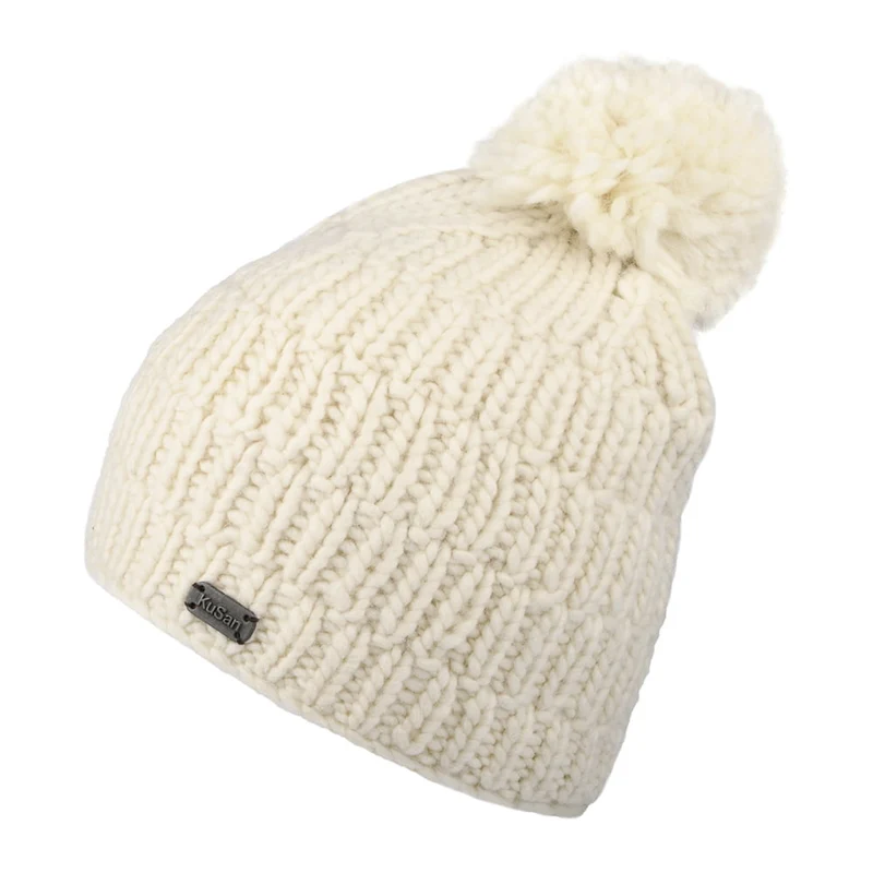 Bonnet à Pompon à Torsades Côtelées Point de Riz crème KUSAN