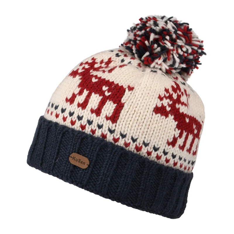 Bonnet à Pompon Turn Up Reindeer bleu marine-crème KUSAN