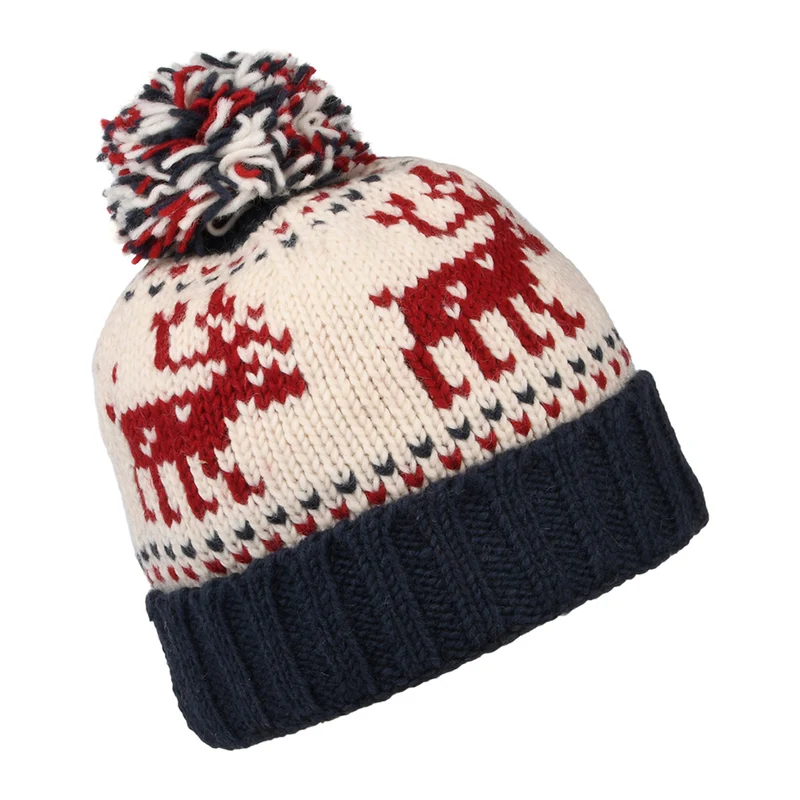 Bonnet à Pompon Turn Up Reindeer bleu marine-crème KUSAN
