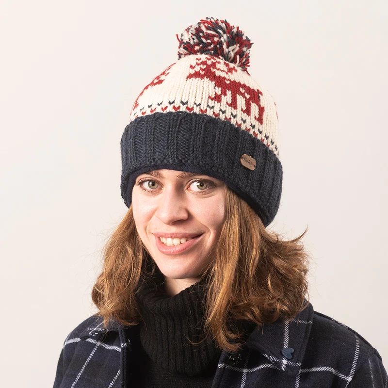 Bonnet à Pompon Turn Up Reindeer bleu marine-crème KUSAN